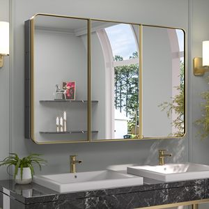 Elegante marco de metal en tonos dorados, gabinete de baño Rectangular de una sola Puerta, espejo de baño montado en la pared iluminado, esquinas redondeadas - Product Image 1