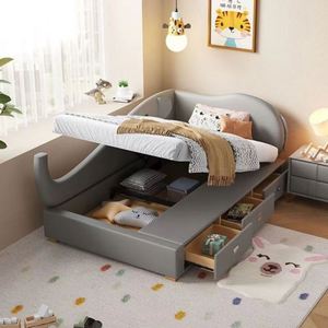 Upholstered Kids Daybed Cartoon Elephant Design Floating Full Size Solid Wood Frame Cotton Upholstery <b>Lights</b> for Boys Girls - Product Image 3