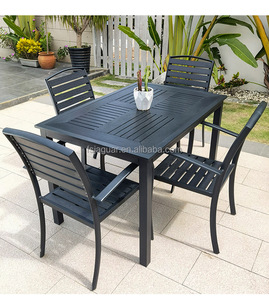 Ensemble de salle à manger d'extérieur moderne en aluminium noir résistant aux intempéries, <span class=keywords><strong>table</strong></span> <span class=keywords><strong>rectangulaire</strong></span> à lattes et 6 chaises pour jardin et <span class=keywords><strong>balcon</strong></span> - Product Image 2