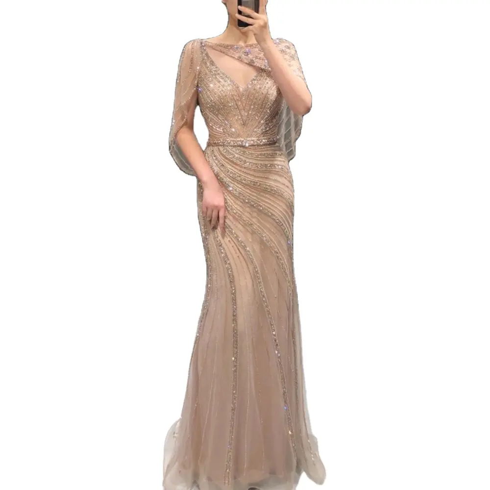 Tenang Hill Emas Putri Duyung Leher V Seksi Gaun Malam Panjang 2021 Manik-manik Indah Pesta Makan Malam Memakai Gaun untuk Wanita LA70910