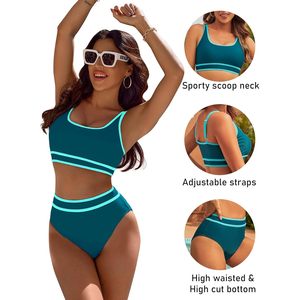 Women's High Waisted Bikini Set Sporty Two Piece Swimsuit Color Block <b>Tummy</b> <b>Control</b> Modest Bathing Suit - Product Image 4