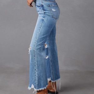 Jean décontracté pour femme style rétro OEM, coupe large, en denim déchiré avec trous personnalisés, respirant, logo cargo sur la taille, vente chaude - Product Image 4