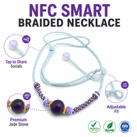 Collier intelligent ajustable en améthyste bleu glace avec nœud, perle violette intégrée NTAG216 NFC et tresse lavande pour identification