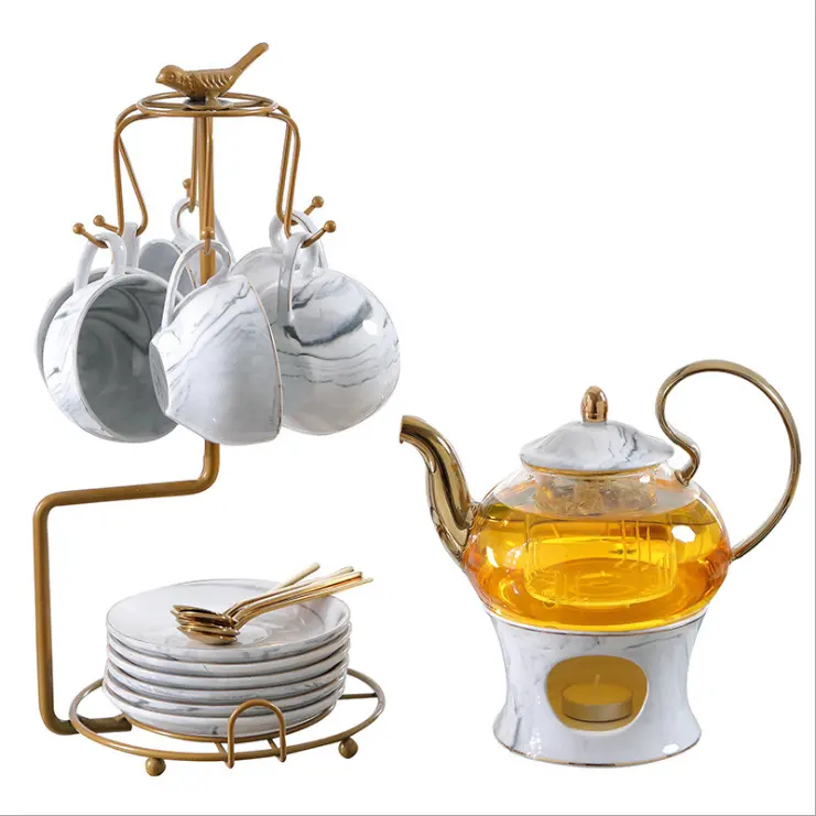 Flower tea cup set English ceramic glass flower tea set candle teapot with filter afternoon tea set