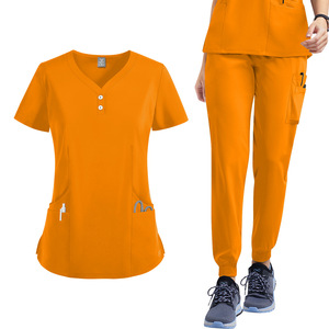 Conjunto de Uniforme Médico para <span class=keywords><strong>Mujer</strong></span> - Blusa de Cuello Mao Oversize y <span class=keywords><strong>Pantalones</strong></span> Rectos Ajustados, 13 Bolsillos, Antiarrugas - Product Image 4
