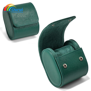 Green Round Leatherette Jewelry <b>Case</b> with Snap Closure Faux Suede Lined Interior Protective Storage Pouch - Product Image 1