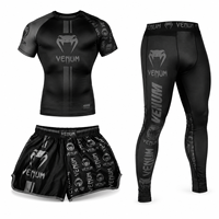 Ensemble MMA 3 pièces : Rashguard, Short de combat et Pantalon de compression gris effet usé. Logo personnalisé, OEM, ODM, faible MOQ, direct usine.