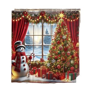 Cortina de Ducha de Poliéster con Diseño de Árbol de Navidad Rojo y Muñeco de Nieve, Impresión Digital Personalizada, Impermeable, Venta al Por Mayor, Moderna - Product Image 5