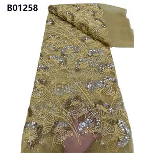 CHOCOO, venta al por mayor, tela de encaje bordado con cuentas, lentejuelas de Color dorado, tela de encaje para mujer para vestido