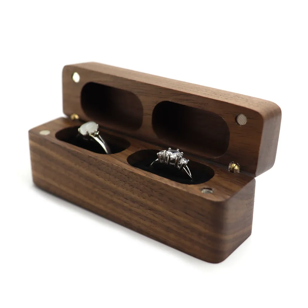 New Rectangular Pair Magnetic Wooden Suction Ring Small Earrings Jewelry Storage Box Black Walnut Wood