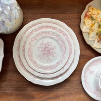 Service de table en céramique rond à motif végétal rétro français - Assiette, bol, tasse à café et soucoupe compatibles micro-ondes pour mariage/anniversaire