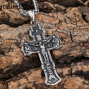 Retro Ruso Ortodoxo Cruz Colgantes Acero Inoxidable Jesucristo Crucifijo Guardar y Proteger Cruz Collar - Product Image 4