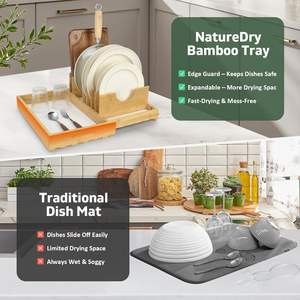 Séchoir à vaisselle <span class=keywords><strong>en</strong></span> <span class=keywords><strong>bambou</strong></span> avec coussin <span class=keywords><strong>en</strong></span> terre de diatomées, tapis de séchage ultra absorbant à séchage instantané pour tasses à vaisselle - Product Image 3