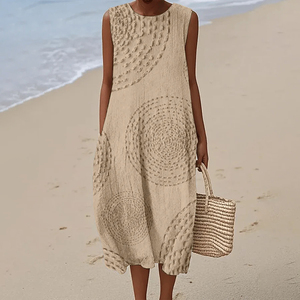Robe tendance sans manches, col rond, taille élastique, tissu texturé en polyester avec imprimé tortue marine et étoile de mer - Product Image 2
