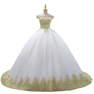 Gaun pernikahan bahu terbuka renda emas, gaun pesta Prom bordir, Gaun bola manik-manik untuk pernikahan