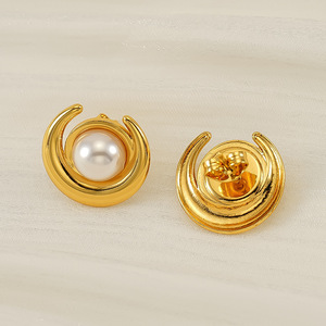 Zogxin Pearl <b>Stud</b> Earrings Gold Half Moon Shape 18K <b>Titanium</b> Steel Bezel Setting Everyday Wear - Product Image 4
