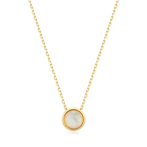 Modern Rainbow Opal Solitaire Round Shape Bezel Silver Necklace Yellow Gold Plated Bridesmaid Gift Girls