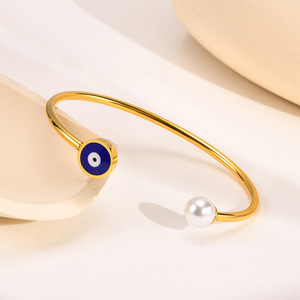 Bracelet manchette ouvert en acier inoxydable avec perle œil porte-bonheur pour femme, réglable, étanche, anti-décoloration, bijou de luxe pour usage quotidien - Product Image 3