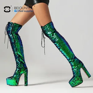 Sáng Bóng Ren lên đùi cao nền tảng khởi động phong cách bên lấp lánh sequined Dây kéo khởi động thiết kế hợp thời trang Chunky gót nền tảng khởi động - Product Image 1