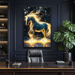 Cheval blanc lumineux, tableau porcelaine cristal incrusté de strass, peinture murale moderne scène d’eau nocturne scintillante - Product Image 3