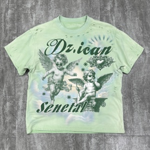 เสื้อยืดสตรีทแวร์สั่งทำพิเศษ ผ้าฝ้าย 100% ลายขาด ดีไซน์พิมพ์ลายฟอกสีคุณภาพสูง เสื้อยืดโอเวอร์ไซส์ทรงใหญ่ หนานุ่ม สไตล์ดิสเทรส สำหรับทุกเพศ - Product Image 1