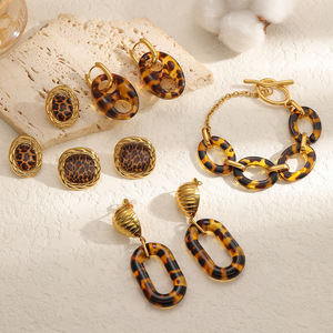 Leopard Print Stainless Steel Jewelry <b>Set</b> Geometric Oval Earrings <b>Bracelet</b> Party Fashion Gold Plated - Product Image 2