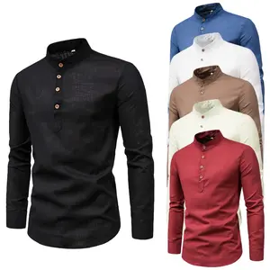 Camisa de lino y algodón para hombre, Camisa ajustada a la moda de Color sólido de manga larga con cuello levantado, Media abierta, 2022