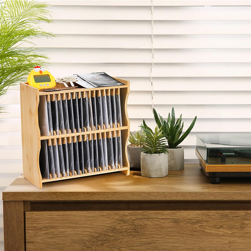 Bamboo CD Holder Rack Organizer - Eco-Friendly 2 Tier Storage for