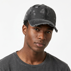 Casquette de baseball en molleton de coton noir vieilli, 6 panneaux, style vintage déchiré, réglable, unisexe, décontractée, sportive, style urbain - Product Image 5