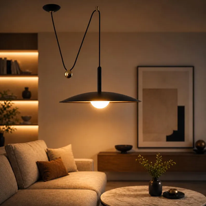 Luminaire suspendu moderne en forme de dôme noir avec poulie à contrepoids réglable, lampe de plafond suspendue minimaliste du milieu du siècle - Product Image 4