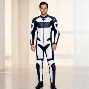 Traje de Motociclismo de Cuero para Hombre, Color Blanco y Azul Marino, con Bloques de Color, Manga Larga, de una Pieza - Product Image 1