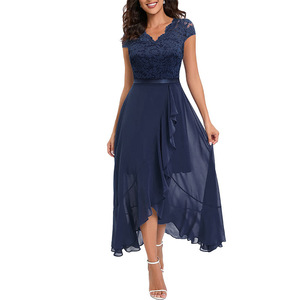 Vestidos al por mayor <span class=keywords><strong>para</strong></span> mujer: <span class=keywords><strong>Vestido</strong></span> <span class=keywords><strong>de</strong></span> fiesta <span class=keywords><strong>de</strong></span> moda con encaje <span class=keywords><strong>de</strong></span> gasa, cuello en V, manga corta y malla superpuesta hasta el tobillo - Product Image 3