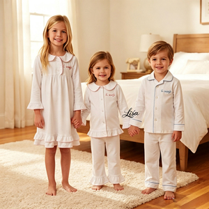 Set Pigiama Personalizzato per Bambini con Maniche Lunghe e Colletto Peter Pan, Pigiami Abbinati per Ragazzi, Abbigliamento <span class=keywords><strong>da</strong></span> <span class=keywords><strong>Notte</strong></span> di Alta Qualità in Cotone per Bambine - Product Image 1