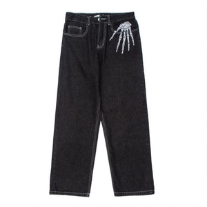 Jean en denim streetwear personnalisé à imprimé squelette pour hommes et femmes, coupe droite, délavé moyen, tricoté, automne, pantalon décontracté et tendance - Product Image 2