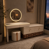 Ensemble de coiffeuse moderne blanche avec miroir LED rond, armoire de rangement et tabouret pour chambre à coucher