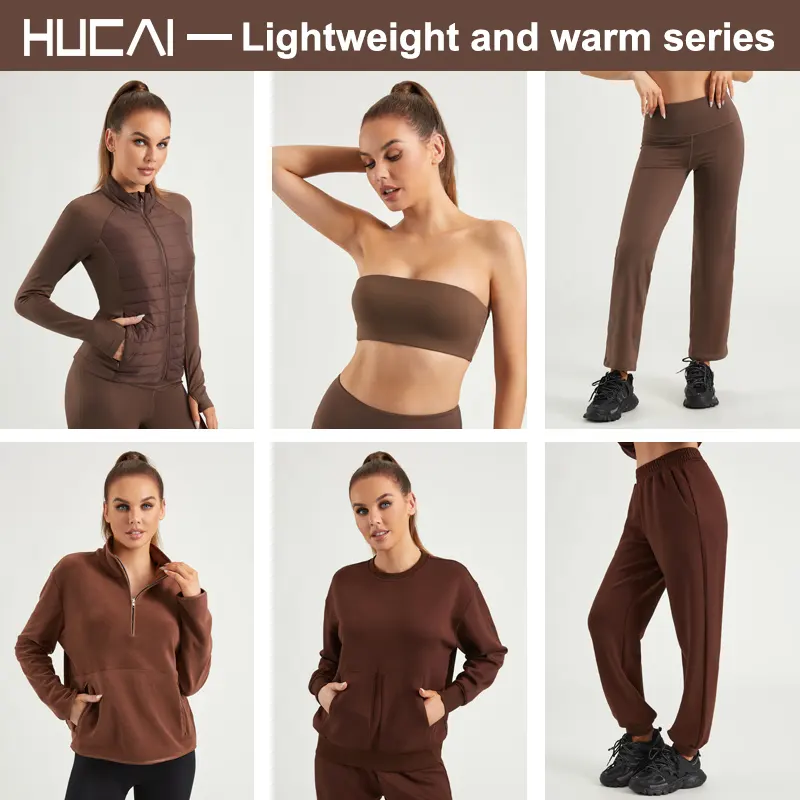 HUCAI Custom Logo Womens lightweight air cotton workout sports gym crew neck oversized drop shoulder sweatshirt with pockets