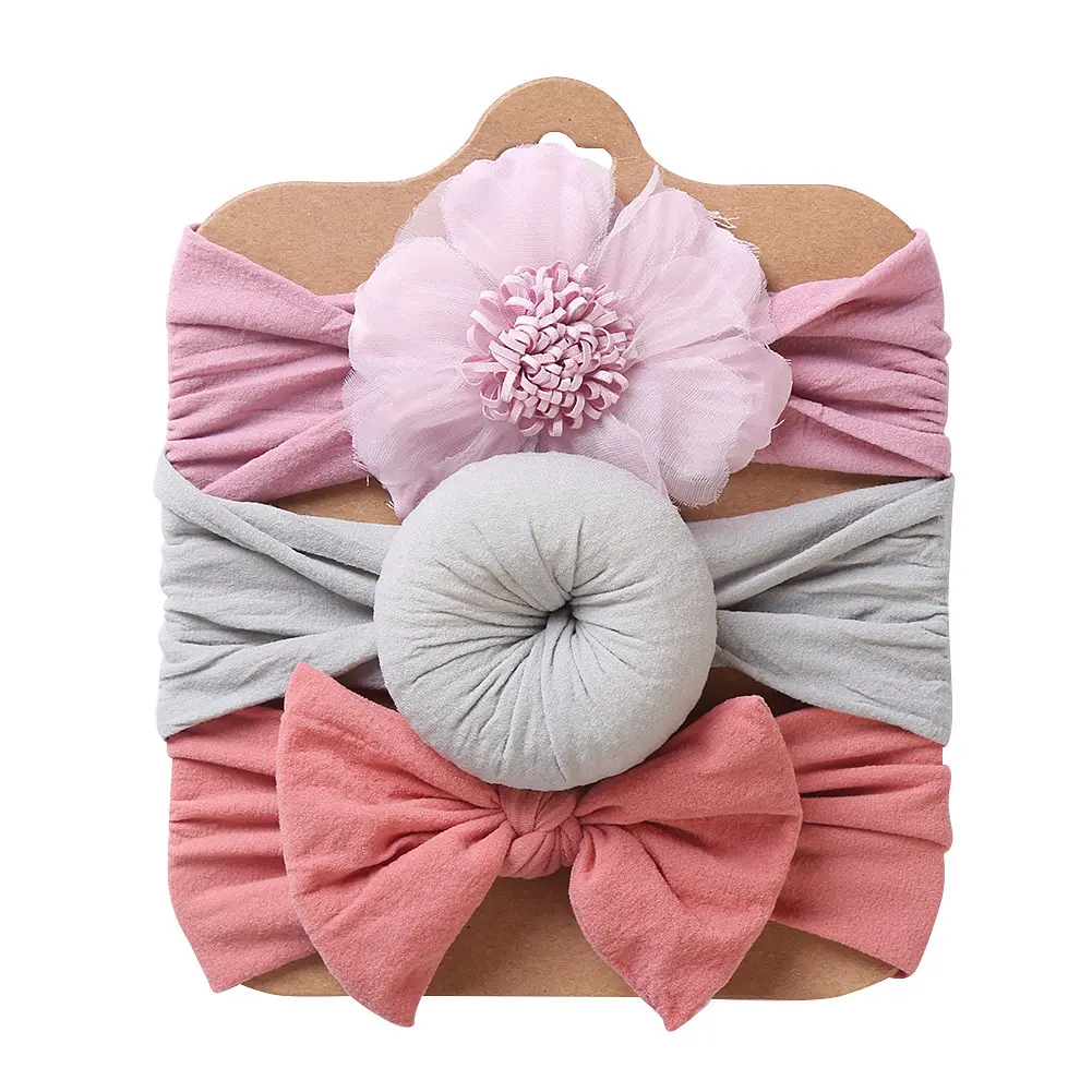 Europa New Infant Flower Solid Bowknot Hairband 3Pcs-Set accessori per capelli elastici in Nylon Set fascia per bambina
