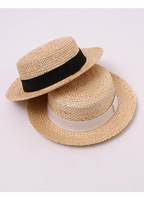 Chapeau de paille à bord plat style britannique en paille de blé avec ruban pour femme, idéal printemps-été, voyage, vacances, protection solaire