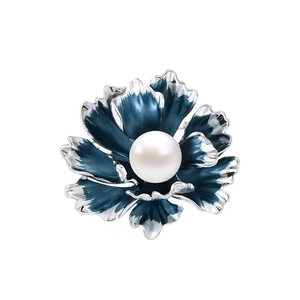 Moda ropa joyería cobre rodio plateado esmalte flor Perla sintética broche - Product Image 6