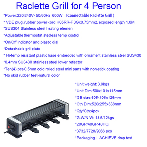 Grill de fête <span class=keywords><strong>Raclette</strong></span> électrique connectable pour <span class=keywords><strong>4</strong></span> personnes, sans fumée, plaque de cuisson réversible en fonte d'aluminium antiadhésive, 600W, usage domestique - Product Image 6