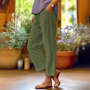 <span class=keywords><strong>Pantalon</strong></span> droit décontracté <span class=keywords><strong>en</strong></span> <span class=keywords><strong>lin</strong></span> et coton pour femmes poche à taille élastique couleur unie ample - Product Image 4
