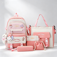 Ransel sekolah gaya kuliah lucu 17 inci, Set 5 potong dengan kotak pensil modis dan tas jinjing tahan air tas bahu