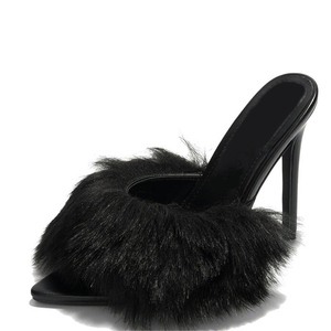 Sandalias de tacón de aguja de piel sintética personalizadas para mujer, estilo mules, con tacón alto y fino, ajuste ancho, peludas y esponjosas - Product Image 6