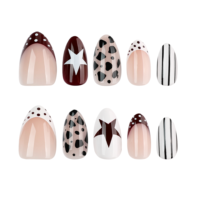 Unghie Finte Leopardate Marroni con Motivi Misti, Stile Street, Unghie Finte a Mandorla per Feste, Manicure a Righe e Pois 4526