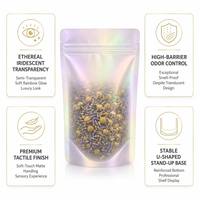 Pochette Souple Transparente Minimaliste Iridescente en Mylar avec Fermeture Ziplock Personnalisée 1oz 28g, Emballage Anti-Odeur pour Mélanges Botaniques de Boutique