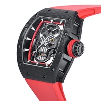 Montre mécanique de luxe pour homme Tonneau Skull - Boîtier en carbone avec aiguilles lumineuses et cadran lumineux transparent