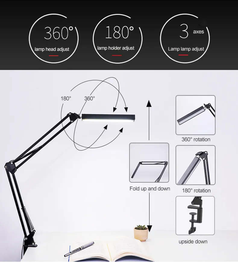 Lámpara LED de escritorio con 3 modos y 10 niveles de intensidad, lámpara de escritorio con brazo oscilante, ajustable, para el cuidado de los ojos