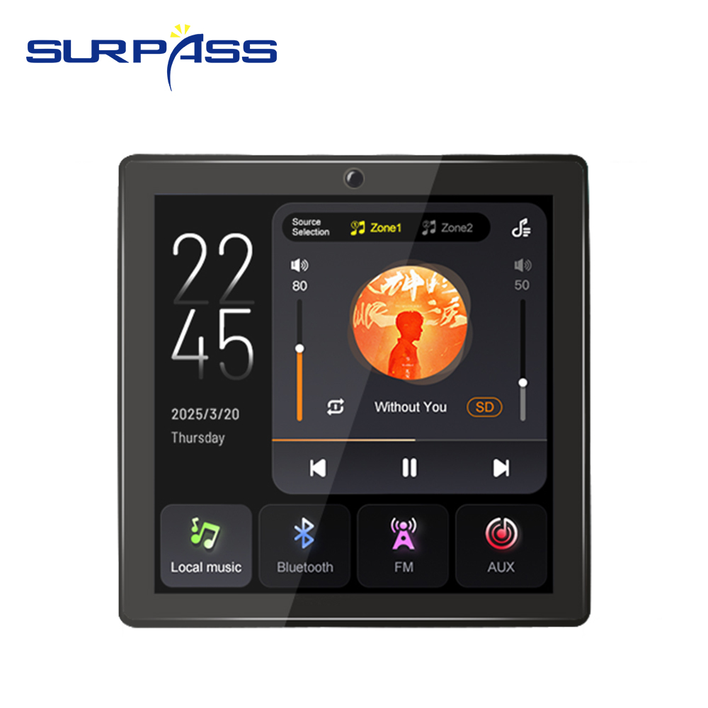 PW431 Smart Switch Panel 4 Inch for Background Music Player 2 Zone In-Wall Amplifier FM Radio Stereo Ceiling Touch Screen Hotel