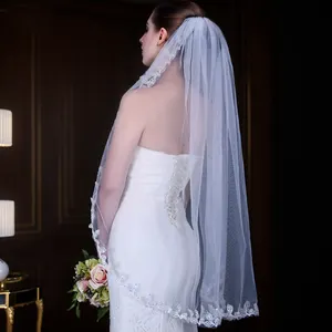 Embroidered Glitter Lace Bridal Veils Medium Length Wedding Veil Appliqued Veils