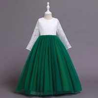 Robe de cérémonie pour filles, manches longues, dos nu en dentelle, verte, en tulle évasé, style princesse, pour fête, demoiselle d'honneur ou spectacle
